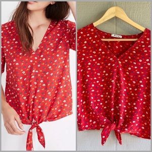 Madewell Red Floral Tie-Front Rayon Short Sleeve V Neck Top Prairie Posies Small
